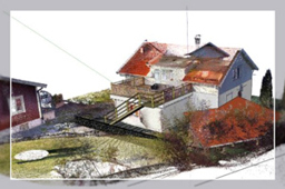 Escaneo de nube de puntos del exterior de un edificio residencial creado con productos de Trimble.