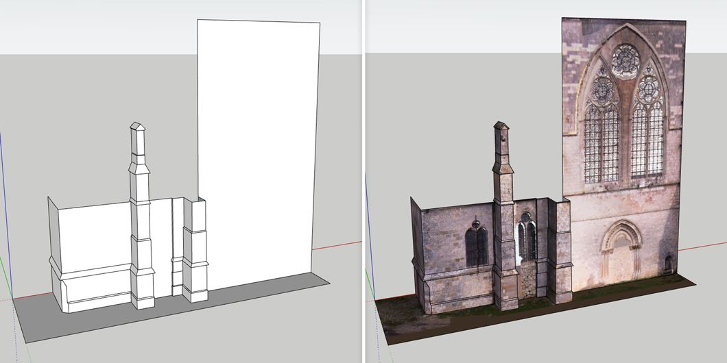 Lado a lado do modelo da fachada de uma igreja, com um modelo básico e um modelo usando o novo recurso Projeção de textura.