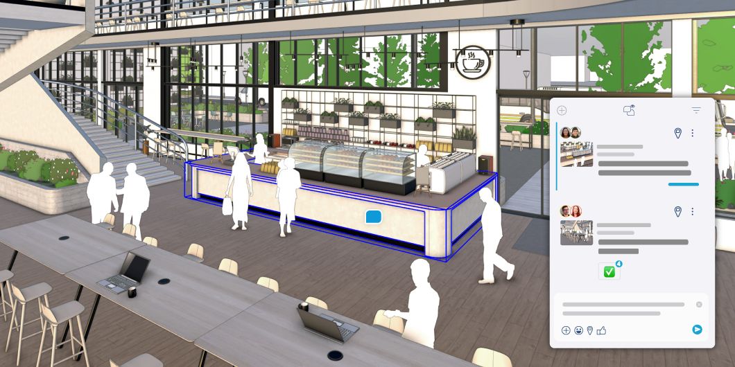 Captura de tela de um modelo do SketchUp destacando o novo recurso de comentários no aplicativo com um painel de comentários.