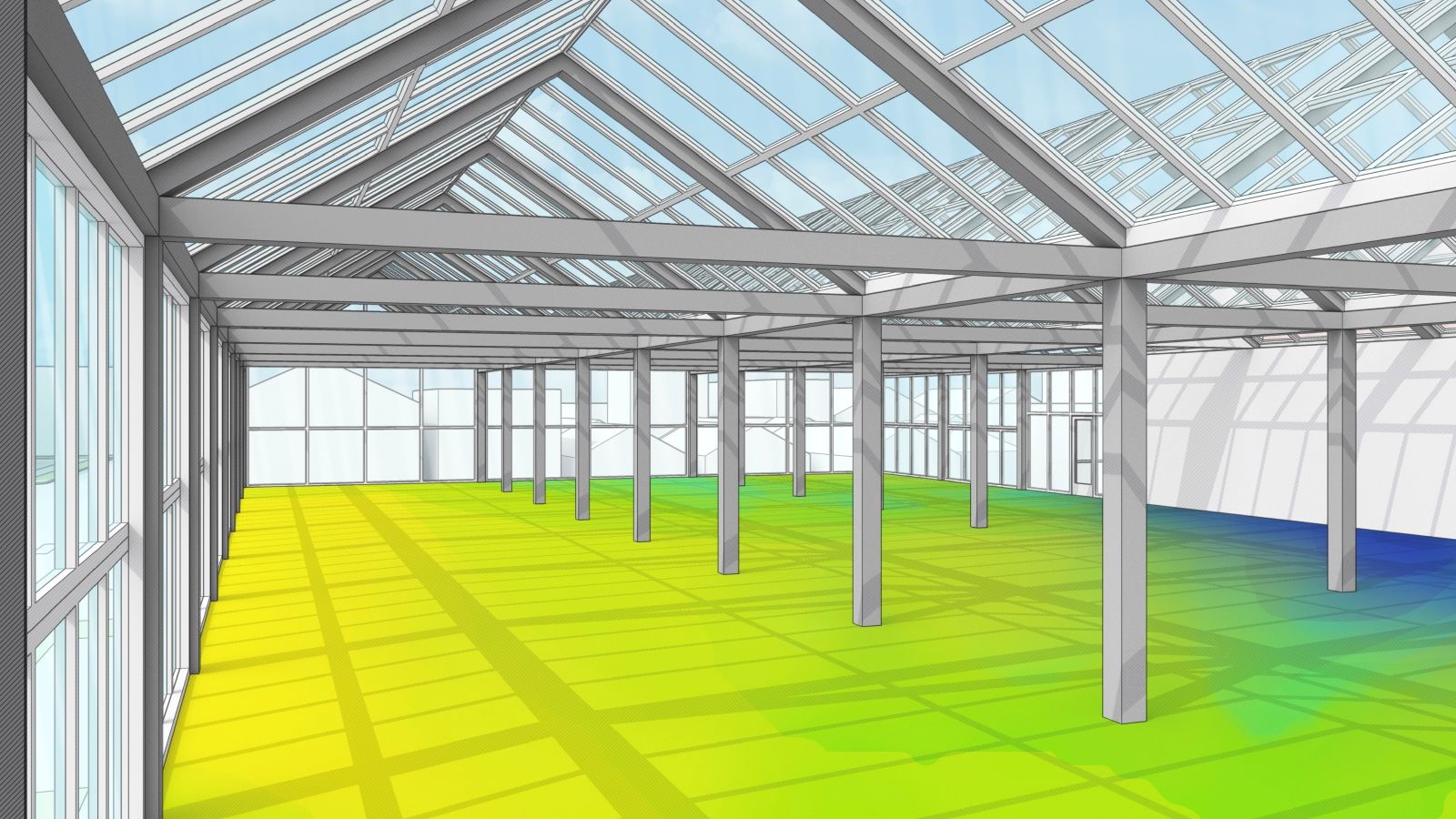 SketchUp model showing light/heat on building floor