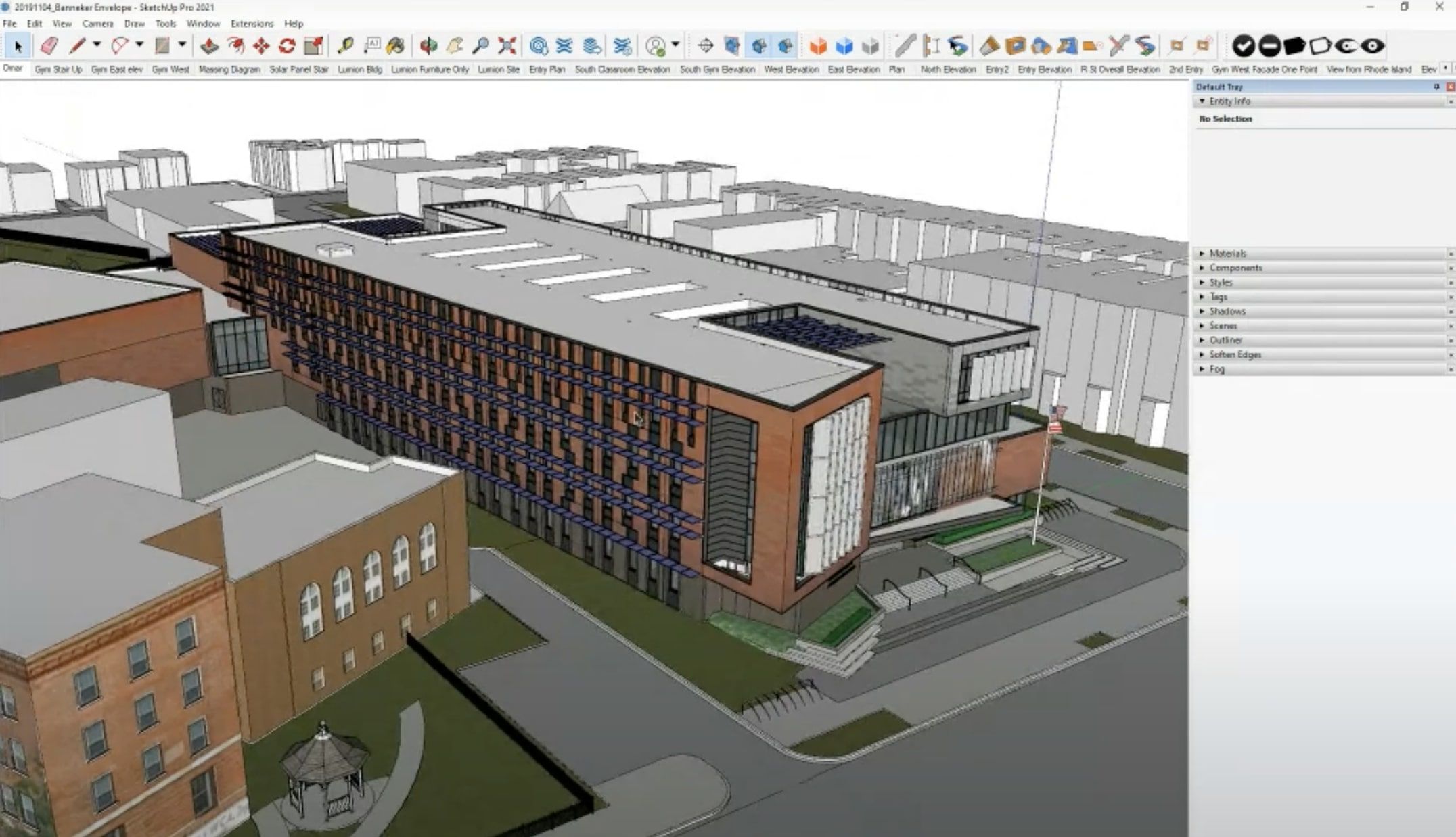 SketchUp model of the south-facing facade with prominently displayed solar PVs.