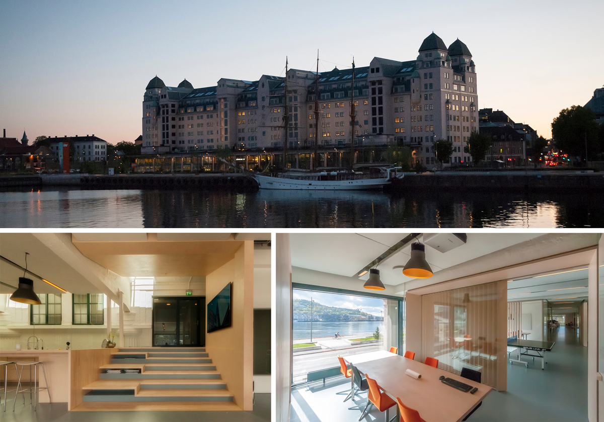 Exterior and interior views of the L+S offices on the Oslo Waterfront