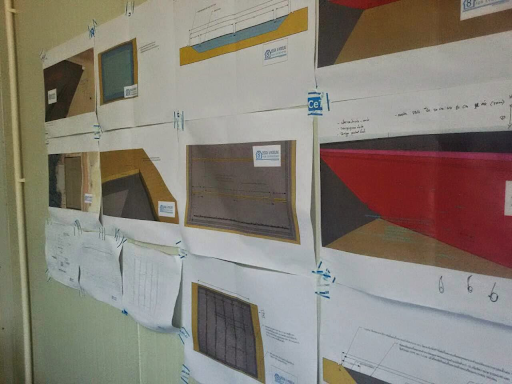 SketchUp drawings mounted for workers to refer to construction sequences