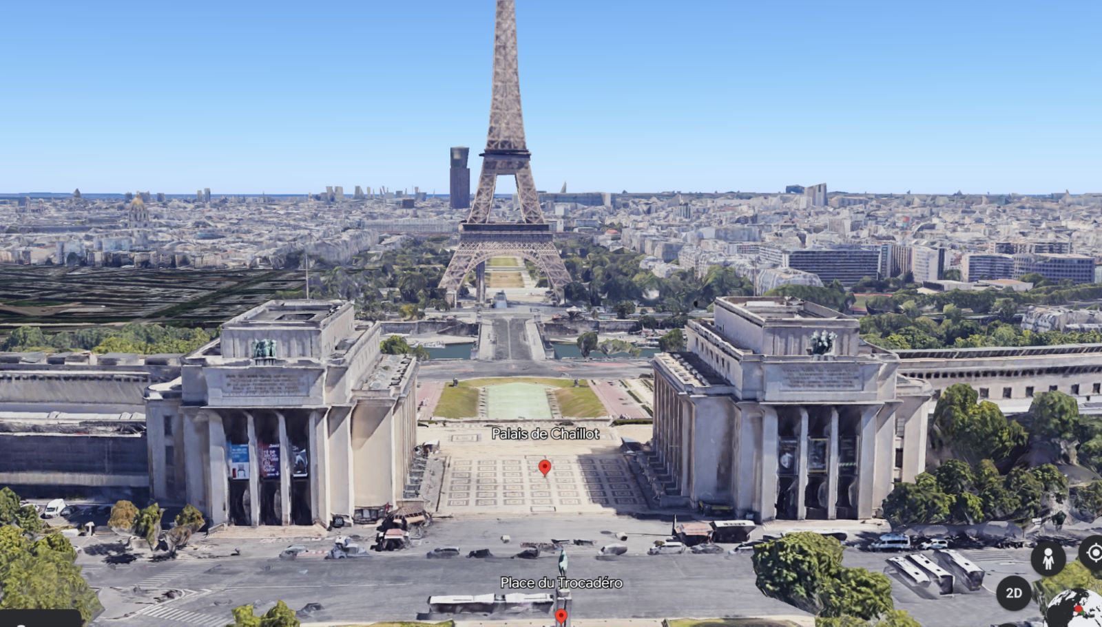Google street view showing the location of the Chaillot National Dance Theater in relation to the Eiffel Tower. Image courtes