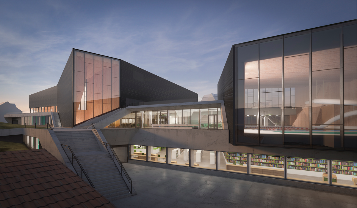 A render of the Ulstein Arena at dusk modeled in SketchUp