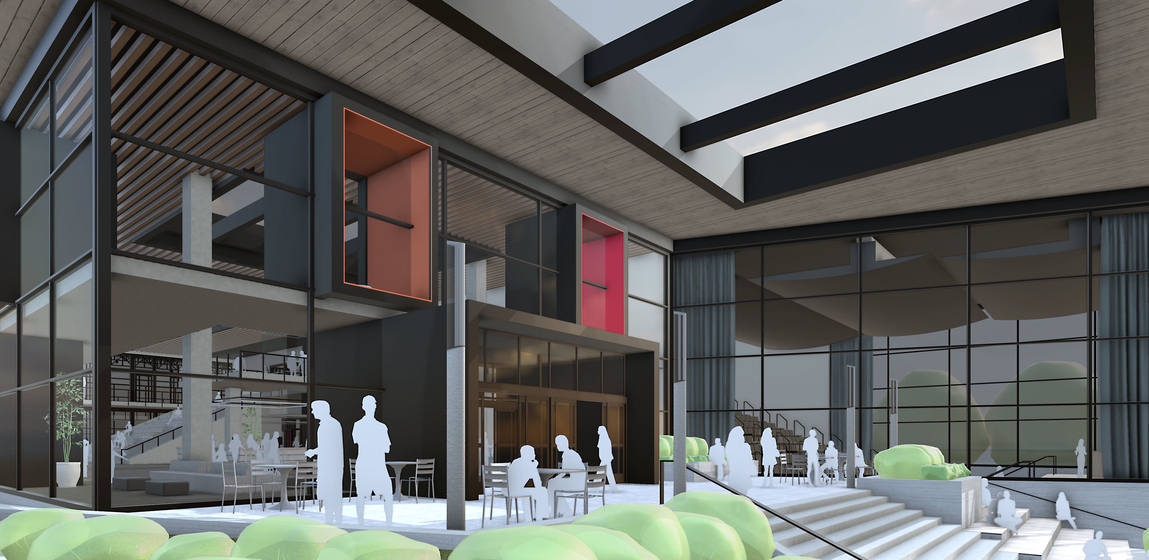 SketchUp model showing the exterior of a modern community center with large windowed walls and figures of people outside the