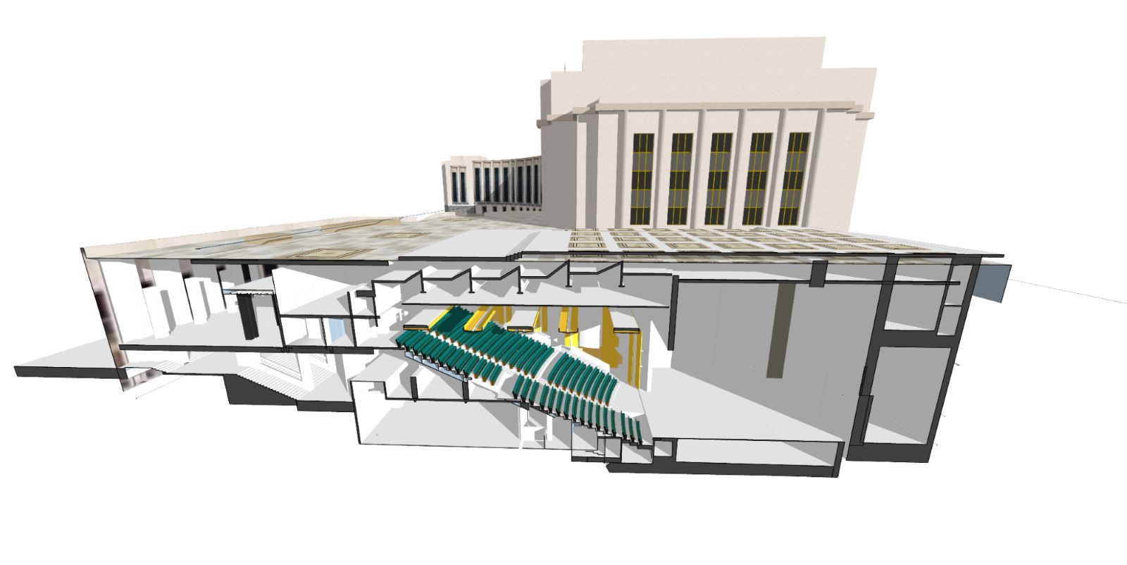 SketchUp view featuring the underground theater of the Chaillot National Dance Theater, along with the model taken from the 3