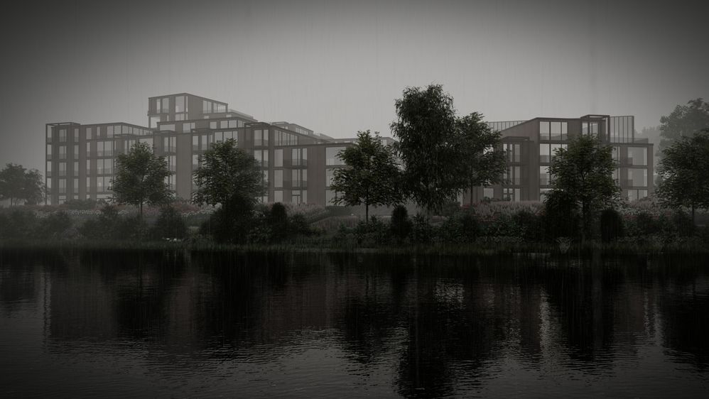 Riverside view of Nesttun development, Bergen