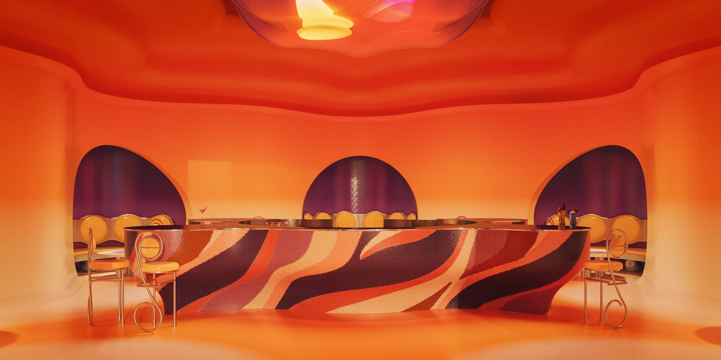 Rendu d'un bar fictif comportant un comptoir de bar en mosaïque et des chaises de bar fantaisie dans une pièce orange vif aux