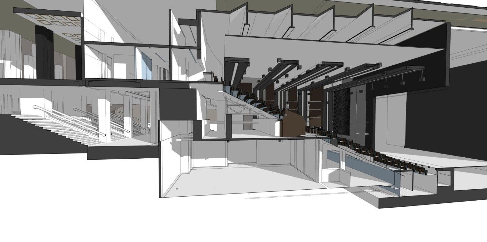Architectural rendering showing a cutaway view of a theater with seating, stage, and lobby areas.
