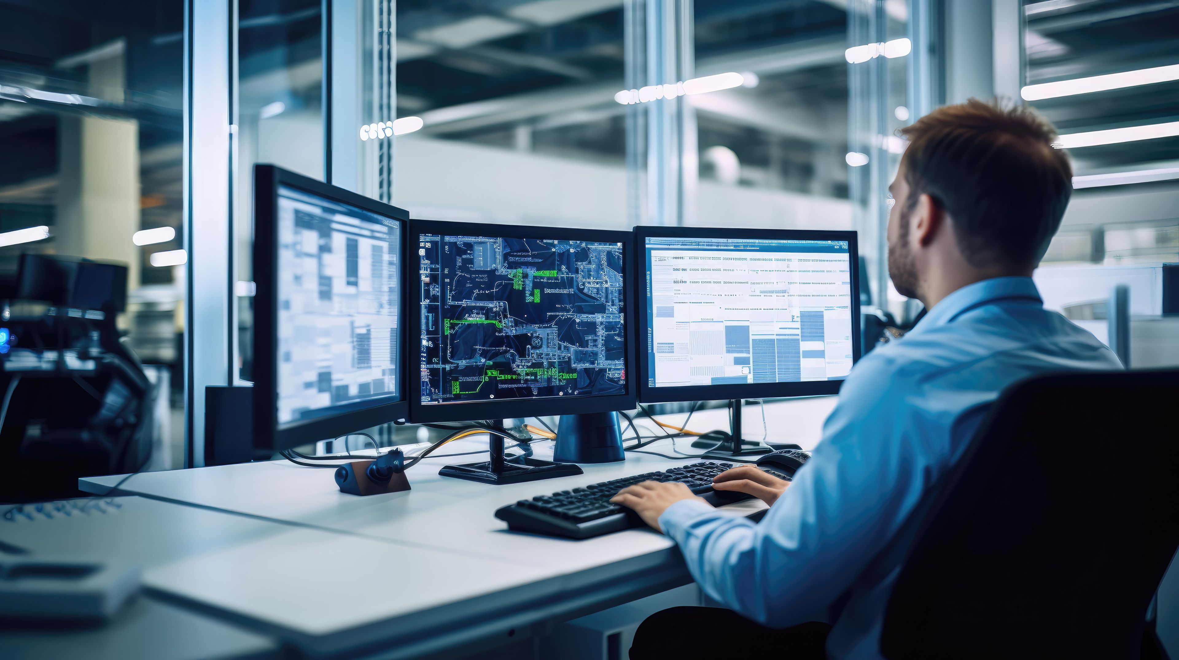 Engineer works on multiple monitors displaying complex data and schematics in a modern control room.