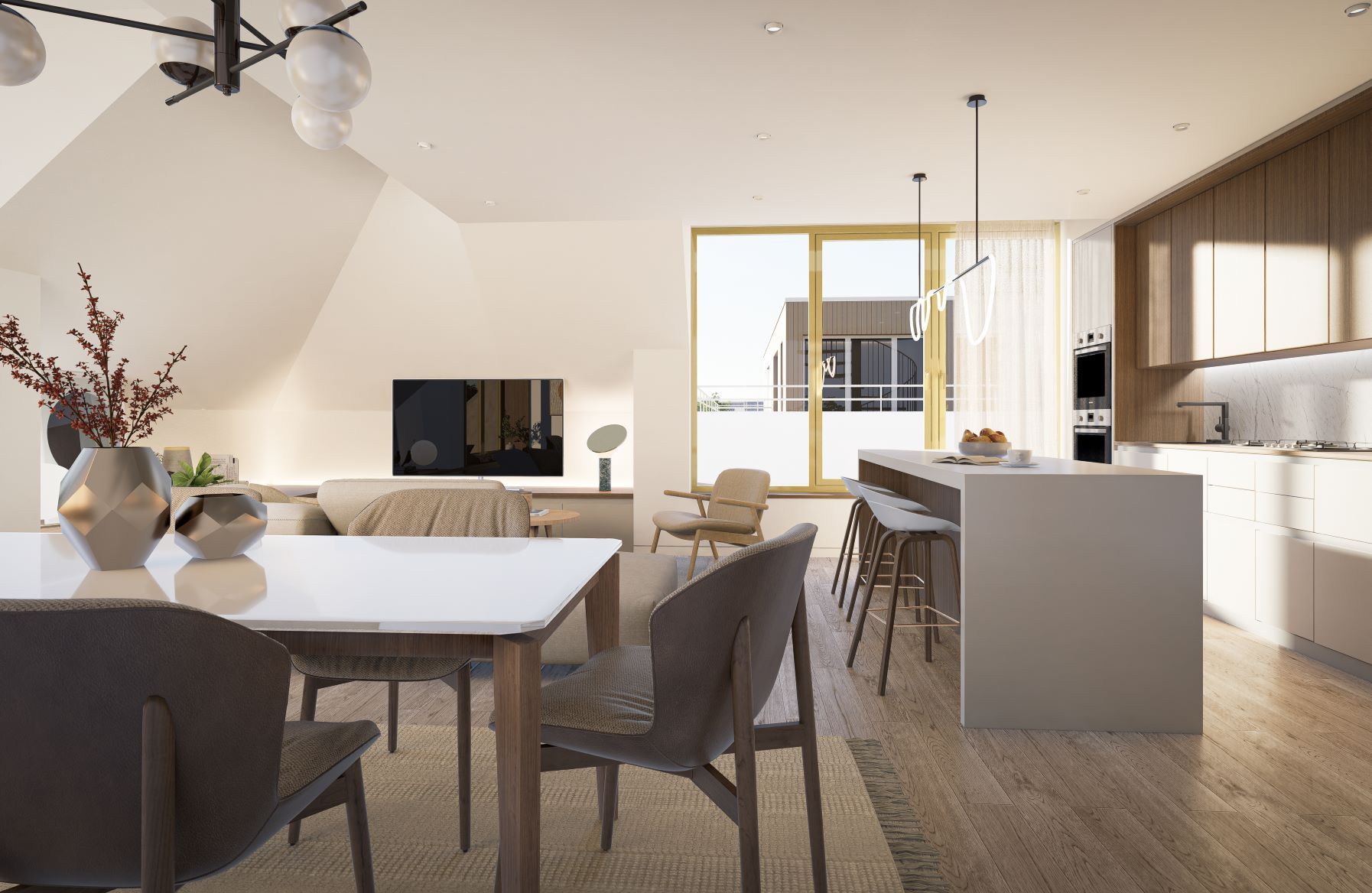 Les Maisons de Maîtres Églantiers, viewing the kitchen and living area in D5
