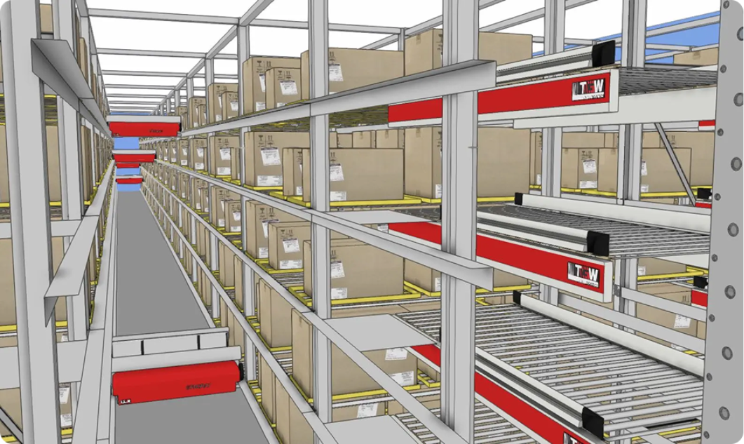 Warehouse model showing automated shelving system with red conveyors and stacked boxes.