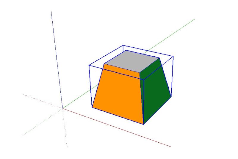 3D render of a cube with an orange and green trapezoidal shape cut out of it, and a gray top.