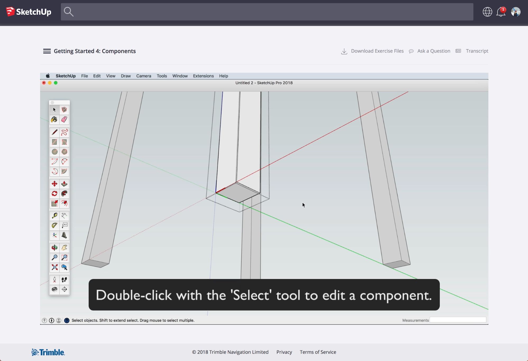 SketchUp 3D model with a text overlay: Double-click with the 'Select' tool to edit a component.