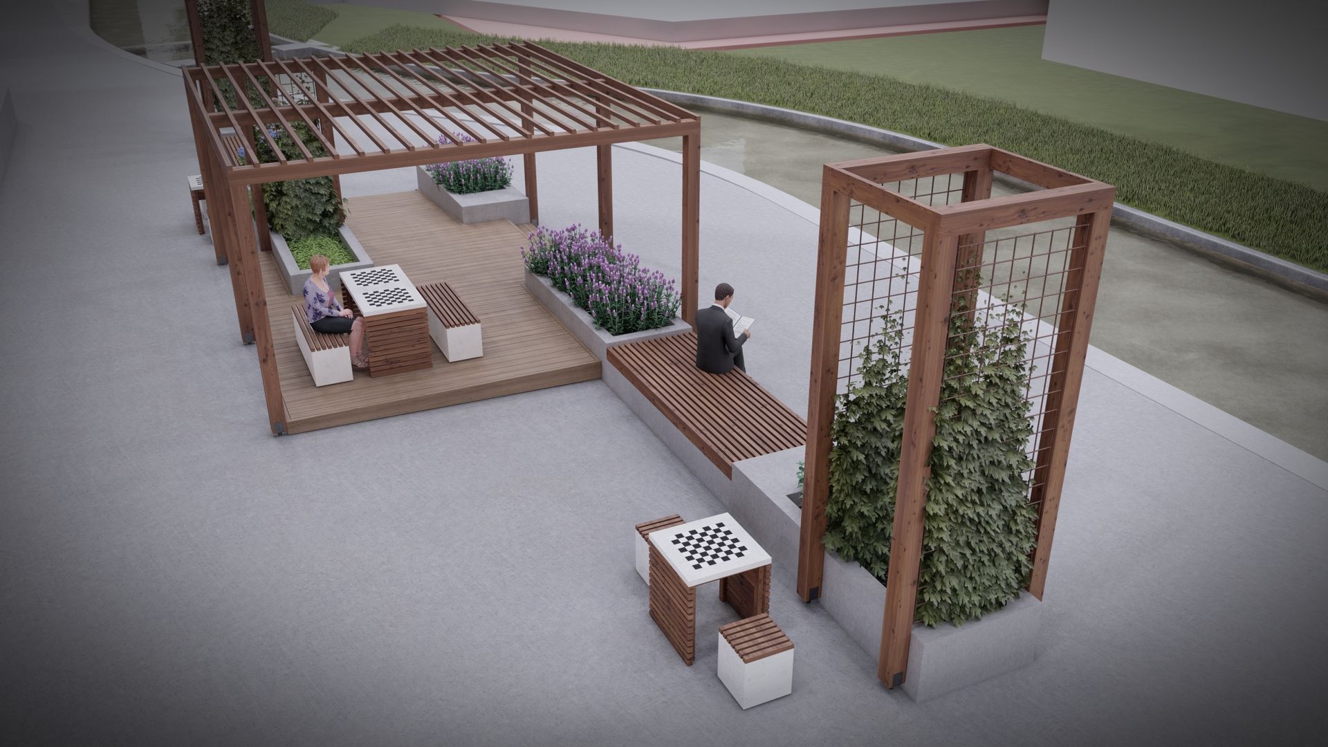 Rendered model showing planters in Kværnerbyen, Oslo, Norway. Courtesy of Ramboll