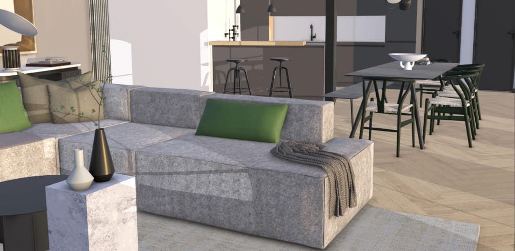 Interiört vardagsrum modellerat i SketchUp som visar ny realistisk materialitet på en soffa, filt och sidobord i sten med ett