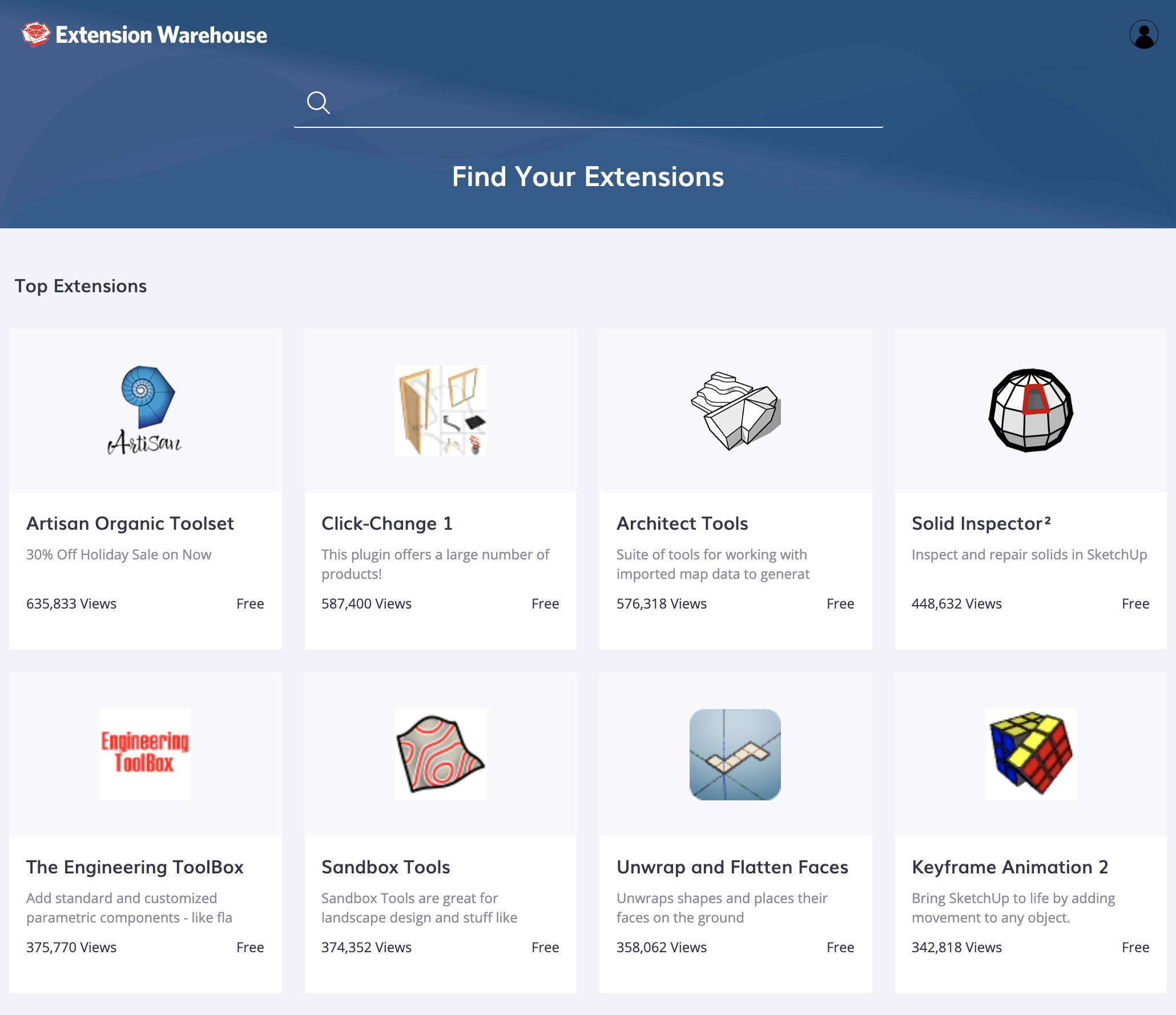 Eine Ansicht des Extension Warehouse von SketchUp