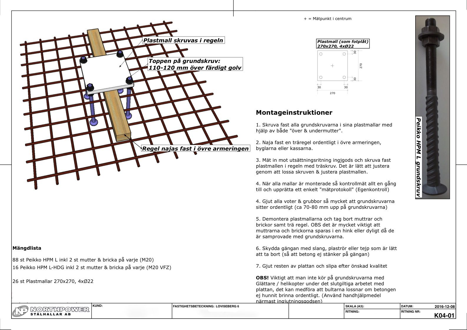 Illustration of a concrete foundation screw installation with instructions.