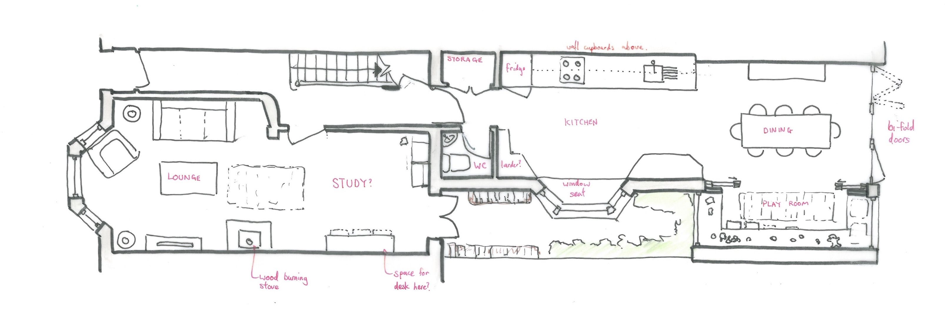 Floor plan sketch shows a living room, study, kitchen, dining area, and WC.