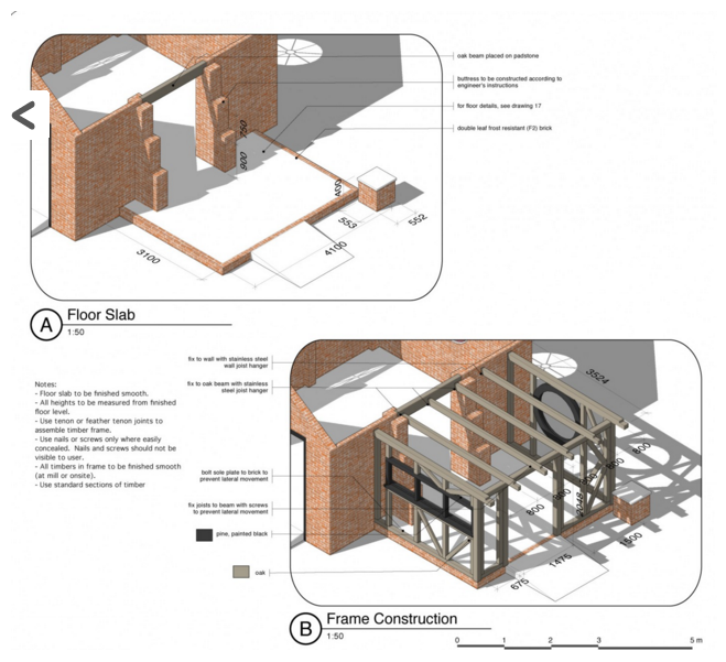 Architectural drawings showing floor slab construction and frame construction details.