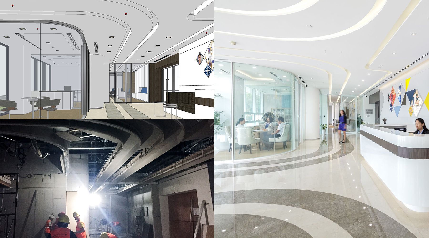 Photo collage showing a reception area before, during, and after build