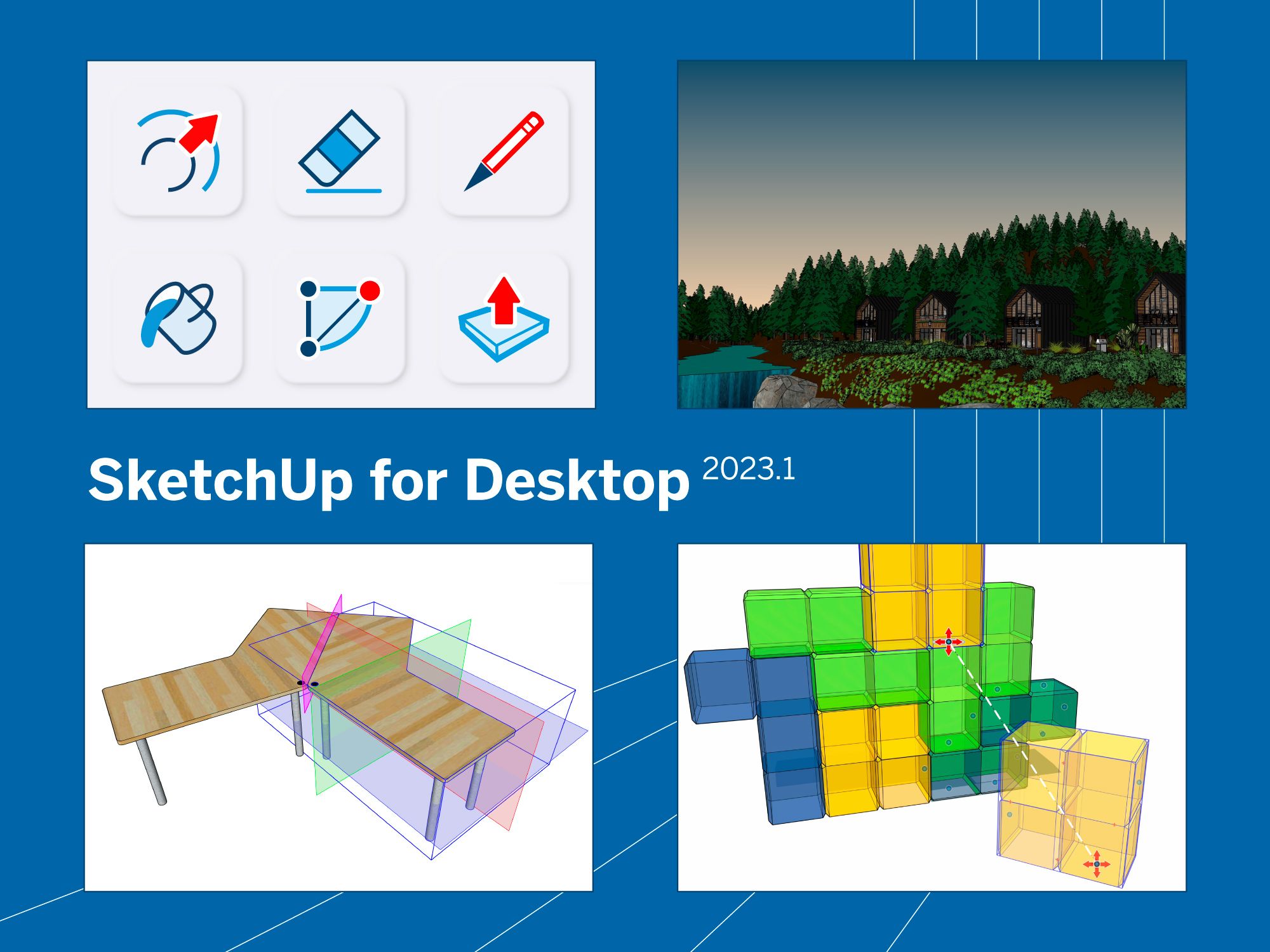 Blue background showing four graphics representing the changes to SketchUp in the 2023.1 release