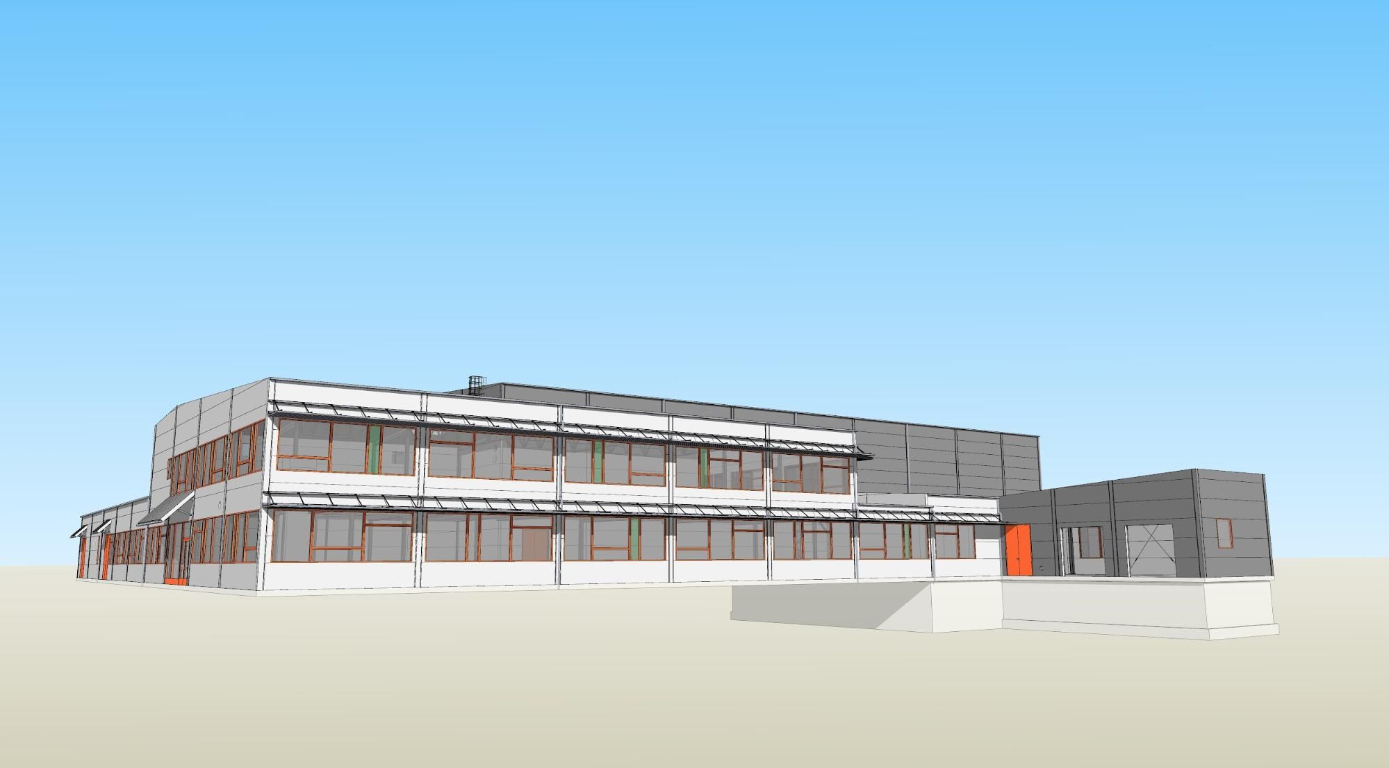 3D rendering of a modern office building with large windows and a grey facade against a blue sky.