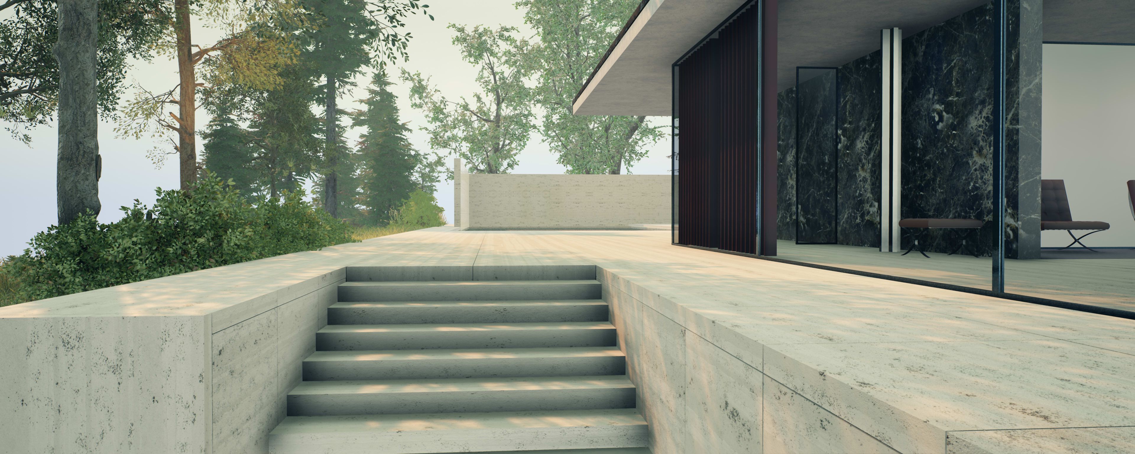 Anders reimagines Mies Van de Rohe’s Barcelona Pavilion in a forest.