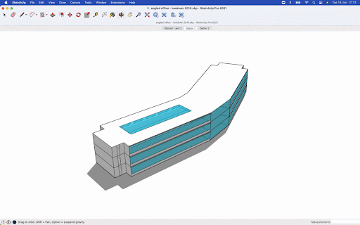 3D SketchUp model of a modern office building with a unique curved design and a pool on the roof.
