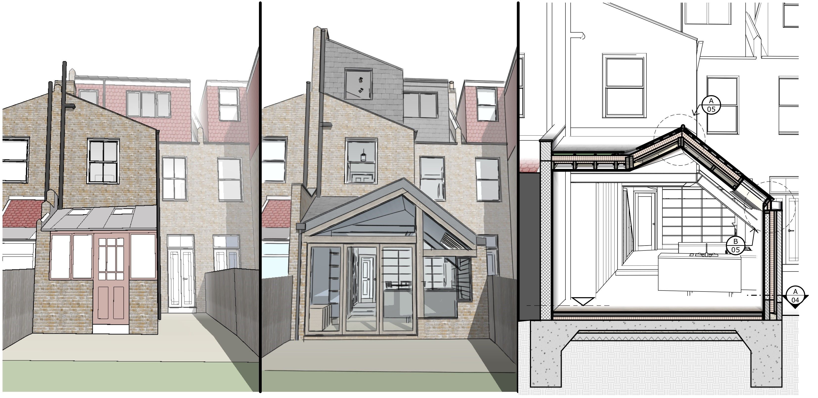 Collage of SketchUp models showing how Tom transitions from existing building to construction drawings. All images courtesy o