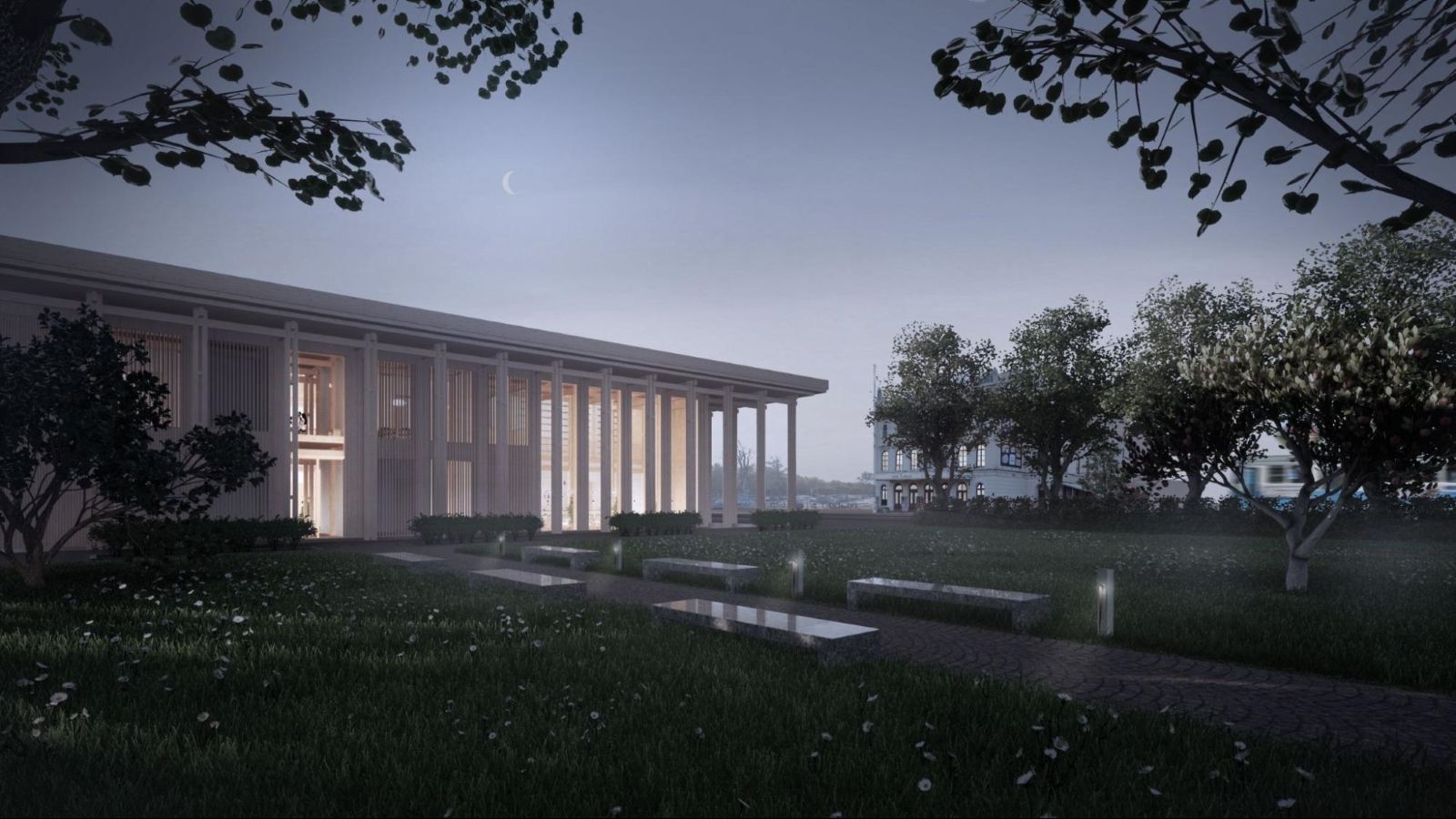Rendering of the agora exterior in the evening