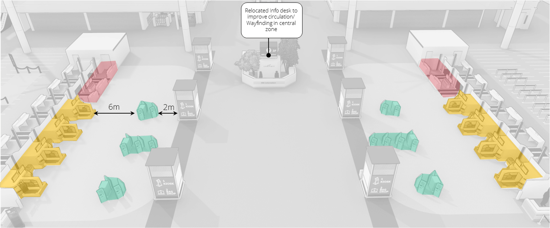SketchUp model shows the wayfinder area in an airport showing the information desk and surrounding area