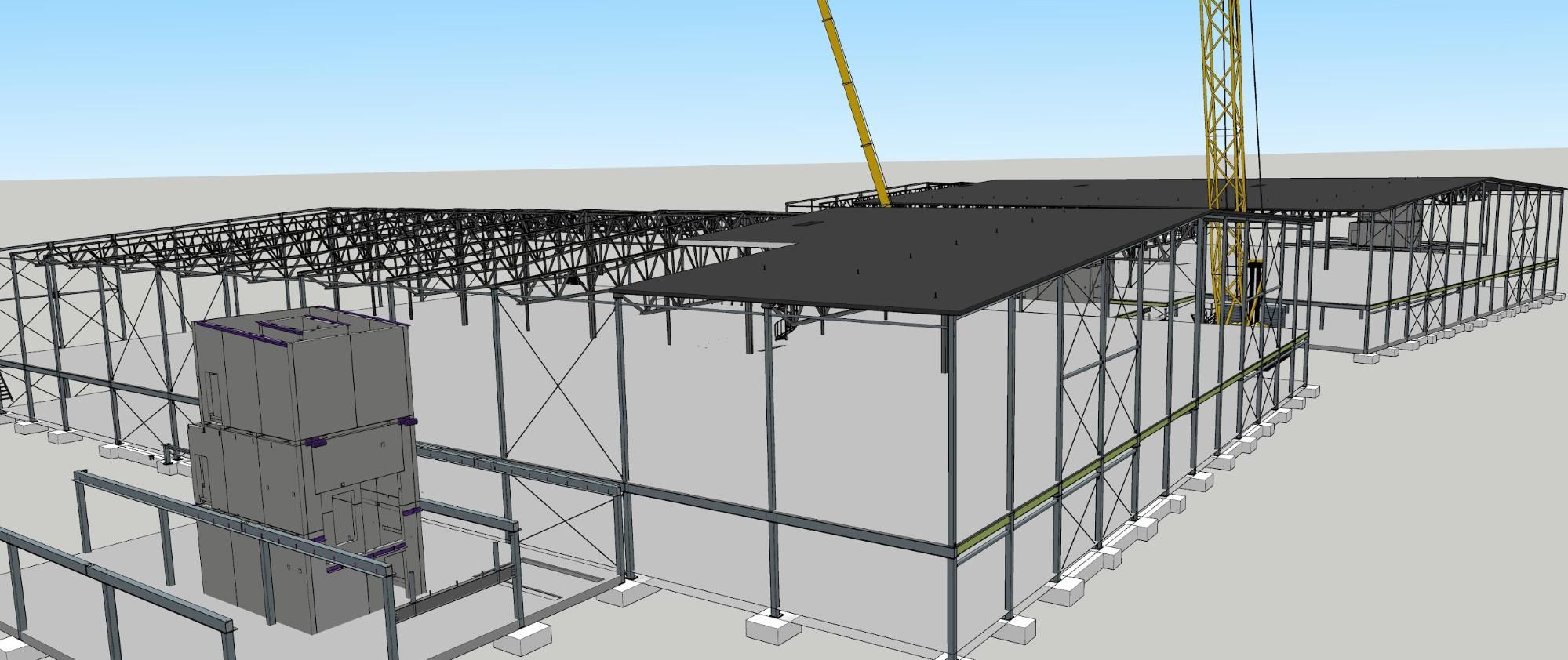 3D rendering of a building under construction with steel framework and roofing in progress.