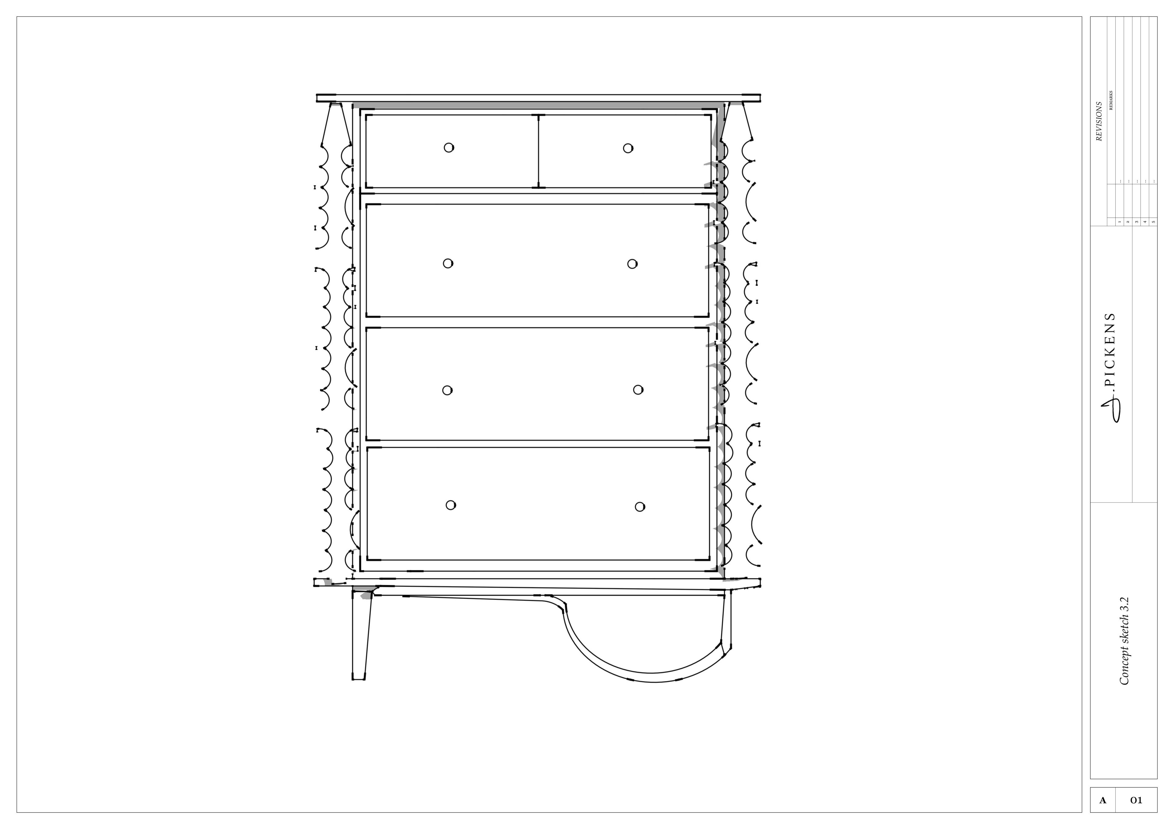 Custom-made walnut dresser 2D plans in LayOut.