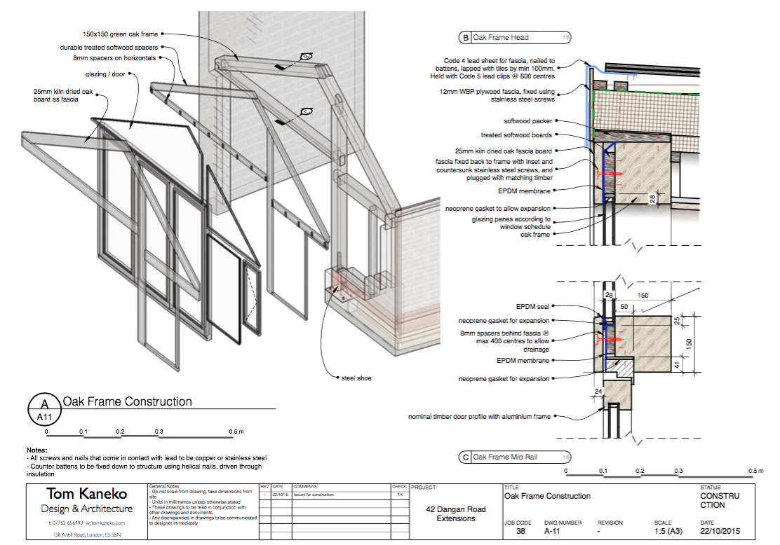 Oak Frame Construction: Exploded isometric view with detailed drawings and notes.