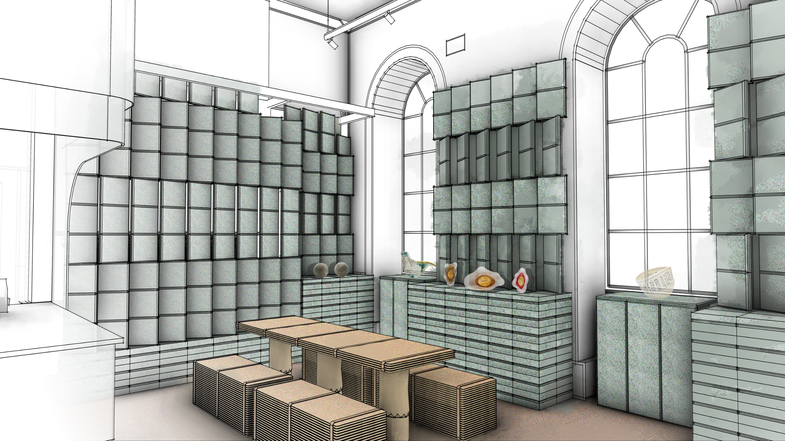 Render of an interior room with tables, seating and shelving on the walls.
