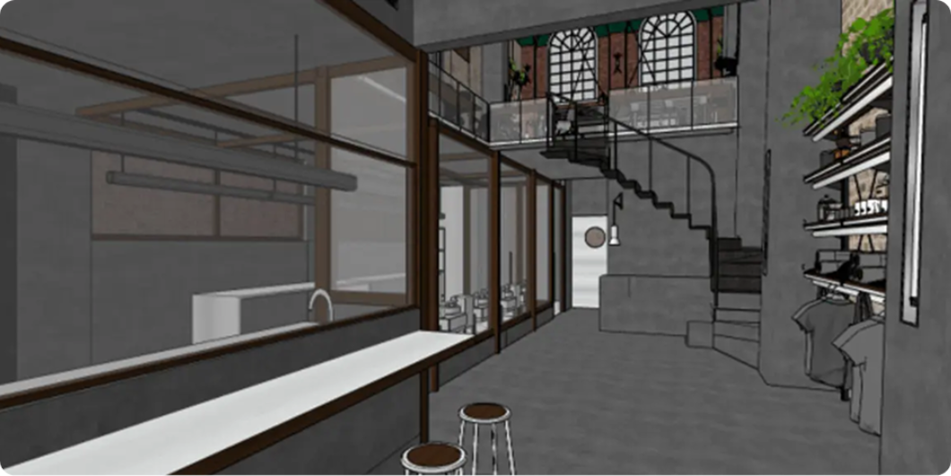 Industrial loft interior rendering with glass partitions, spiral stair, bar counter, and shelves with plants.