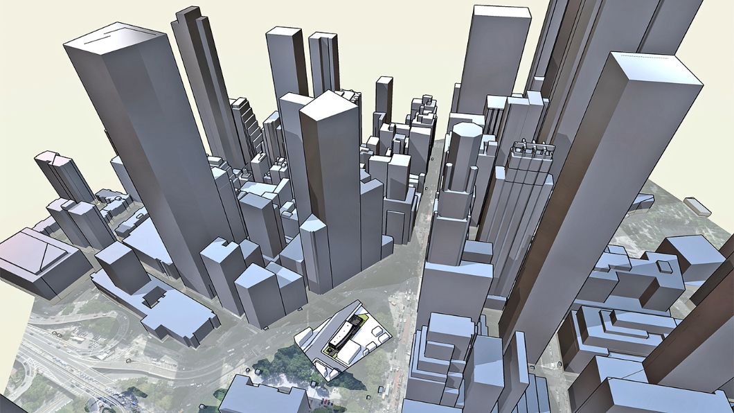SketchUp model that is geolocated with tall 3D building skyscrapers.