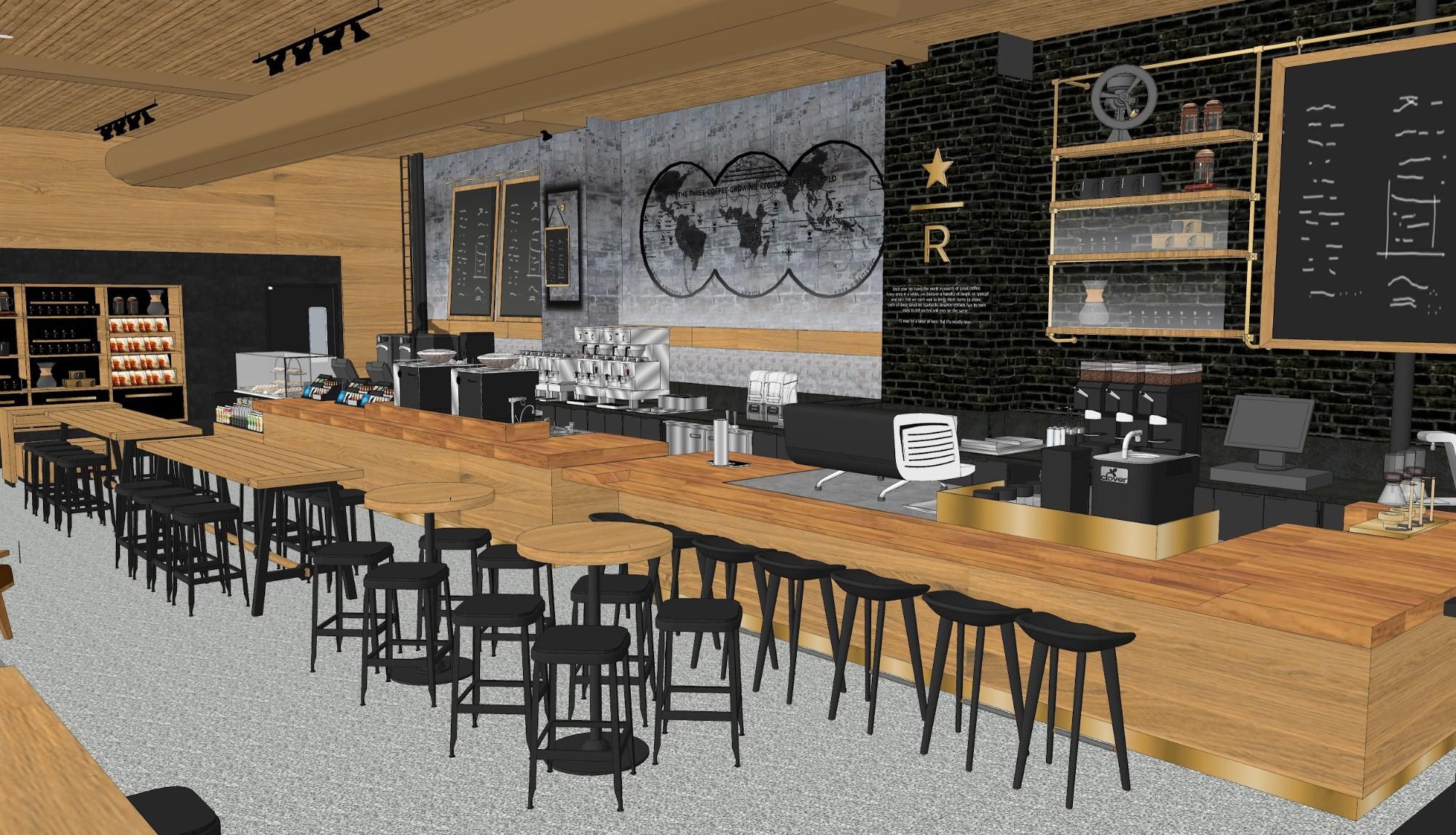 SketchUp visualization showing reserve bar at 10 Waverly Place. Images courtesy of Starbucks.