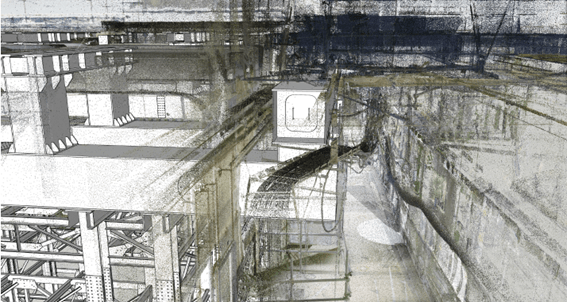3D scan of a subway station under construction, showing beams, tracks, and station infrastructure.