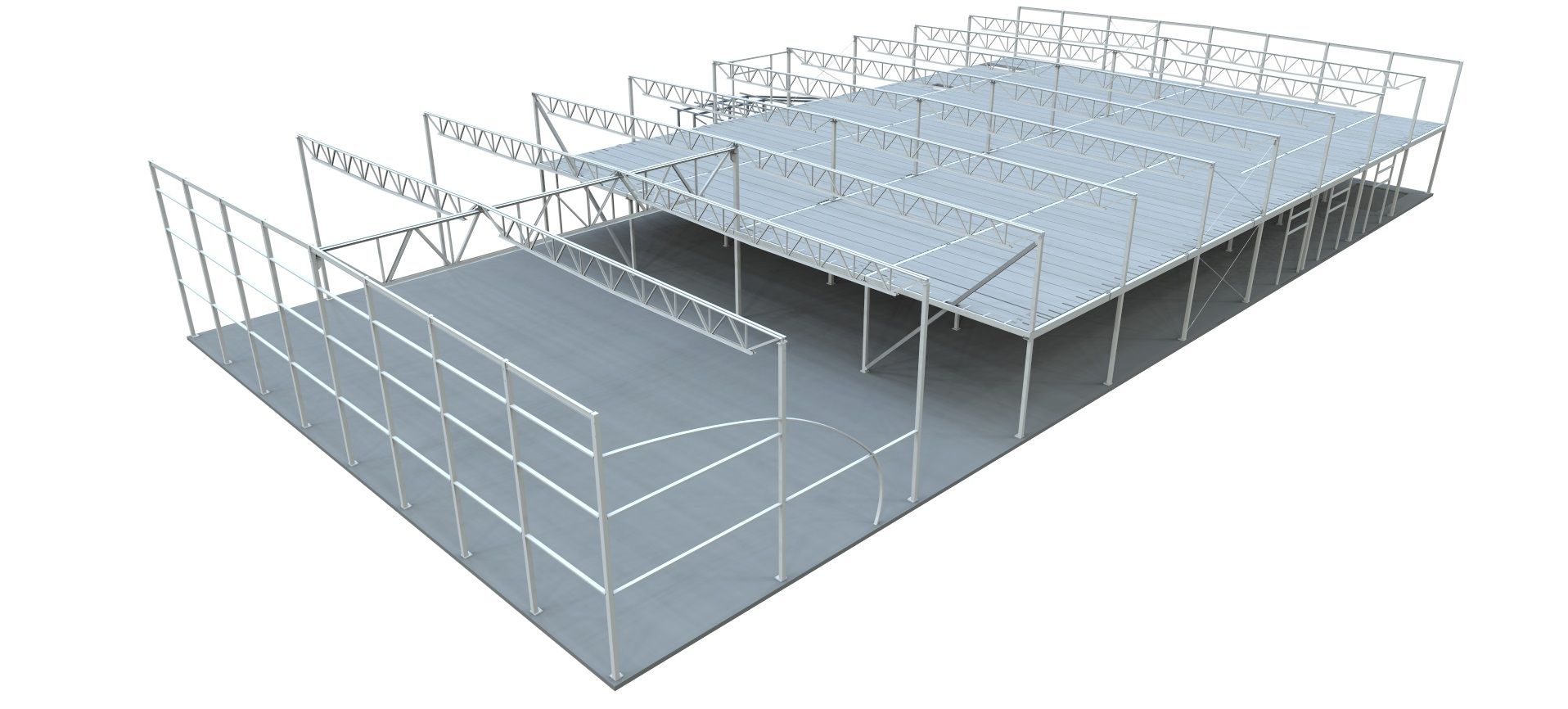 A 3D rendering shows the steel frame construction of a large, open-air industrial building.