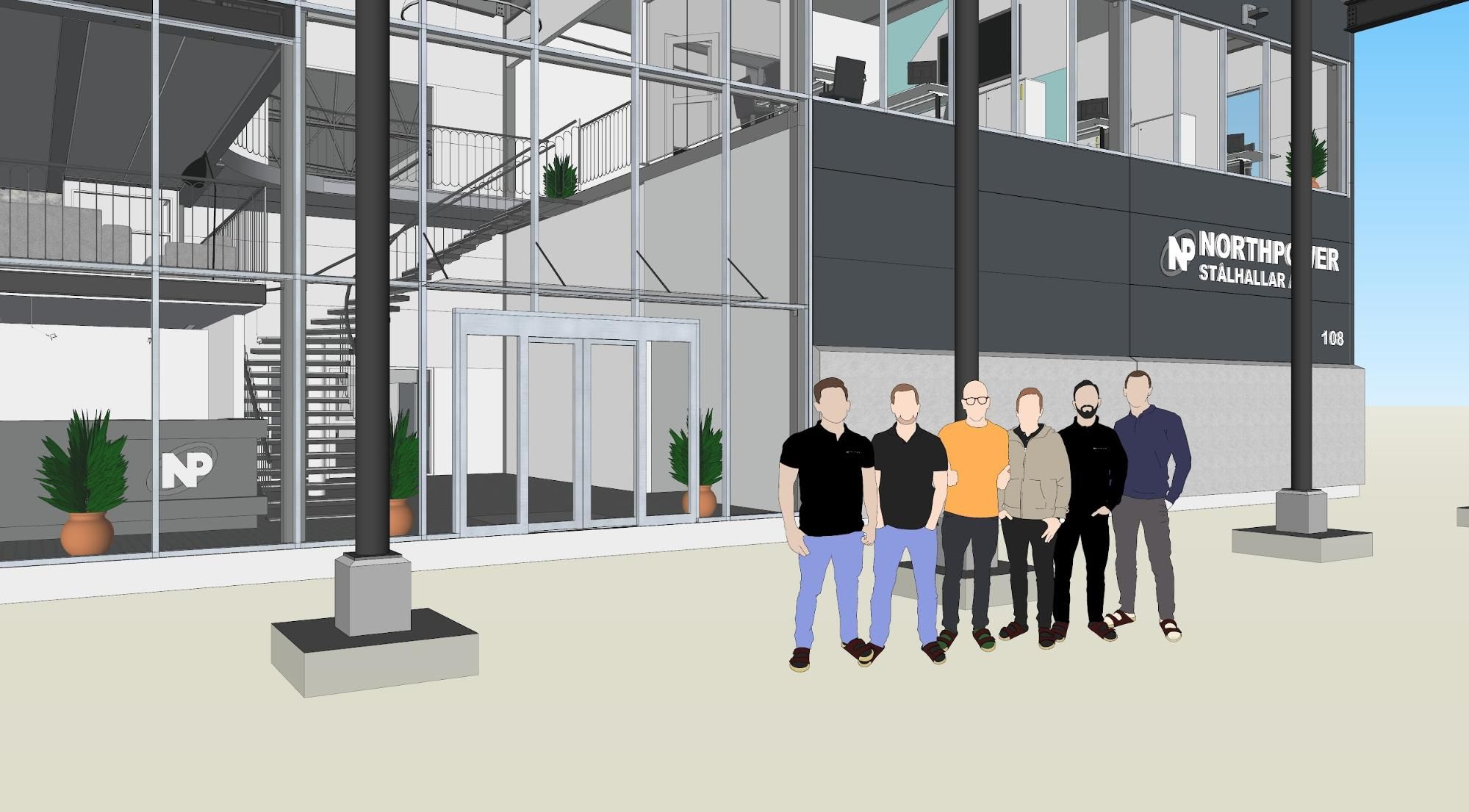 Team photo in front of the Northpower Stålhallar building.