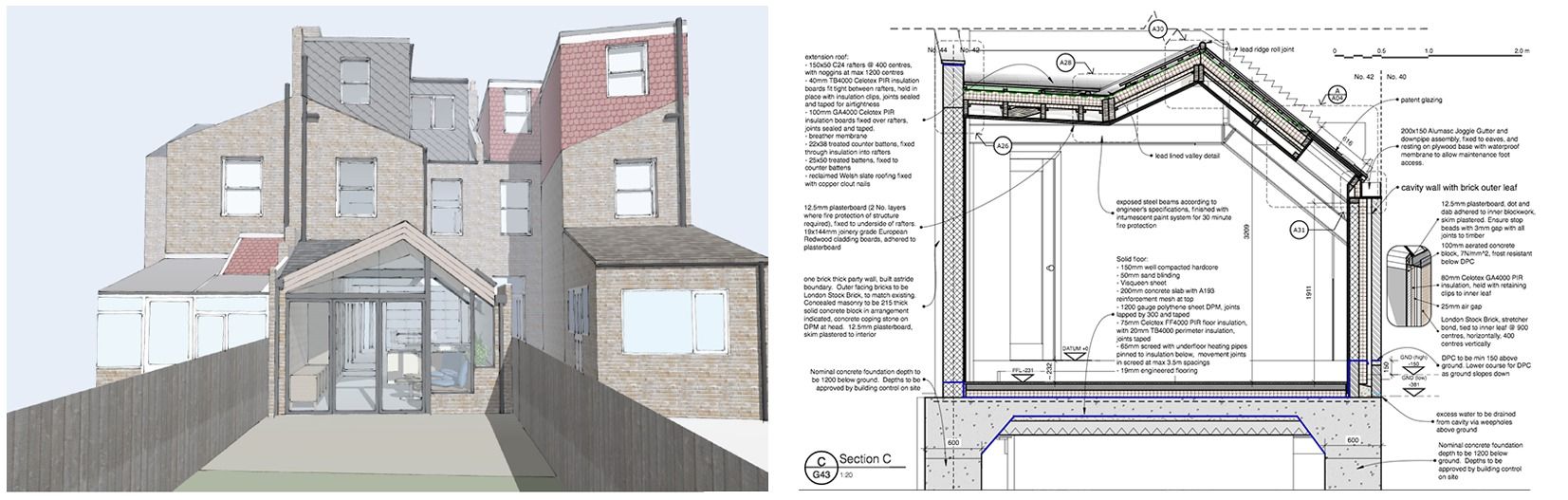 Architectural rendering of a house extension with a detailed cross-section drawing.