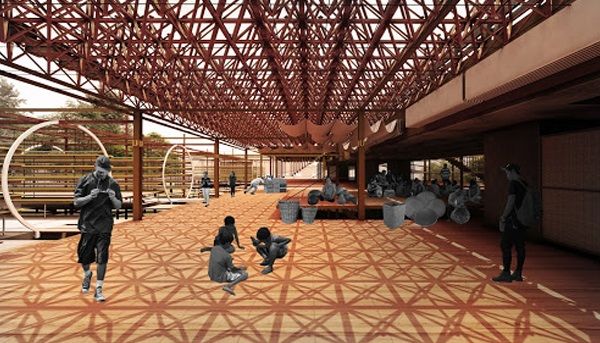 A two-level structure accommodates a mixed-use space to include a craft zone, which helps generate income and maintain the cu