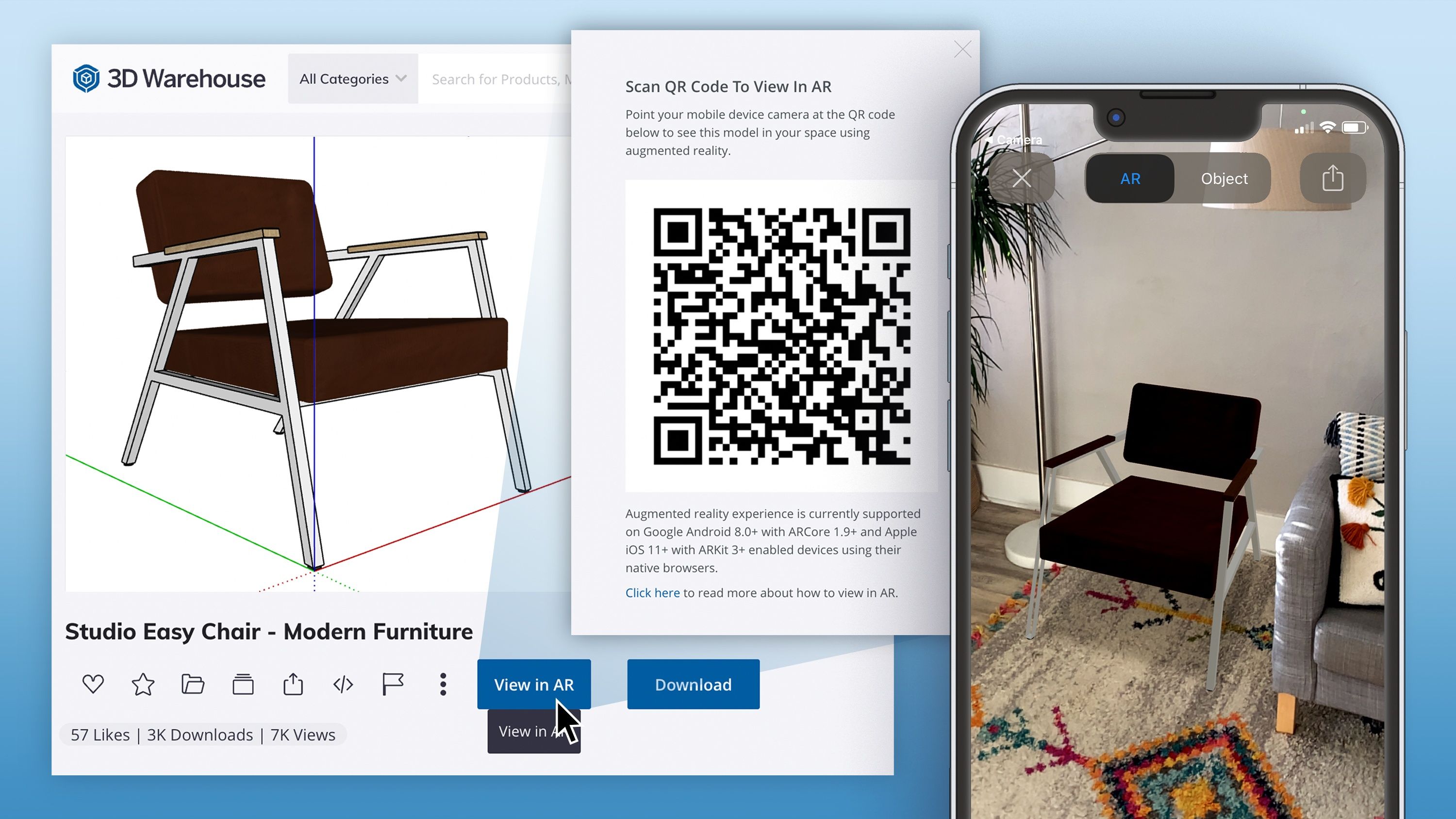 Collage showing image of a chair in 3D Warehouse, a QR code to scan to show the chair in AR, and the chair in AR