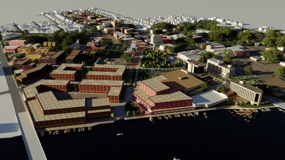 SketchUp model in Omniverse of a birds-eye-view showing the City of Oshkosh.