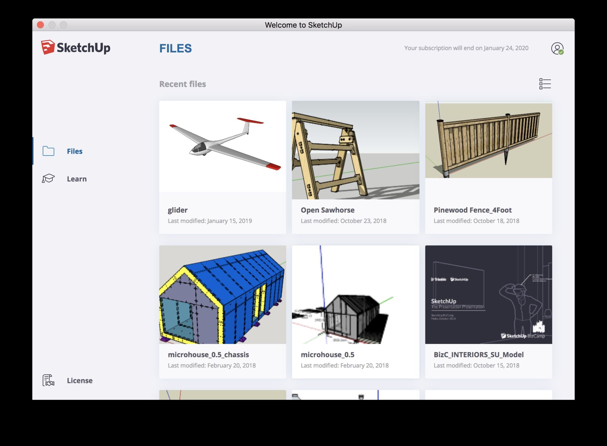 SketchUp interface showing recent projects: glider, sawhorse, fence, and house models.
