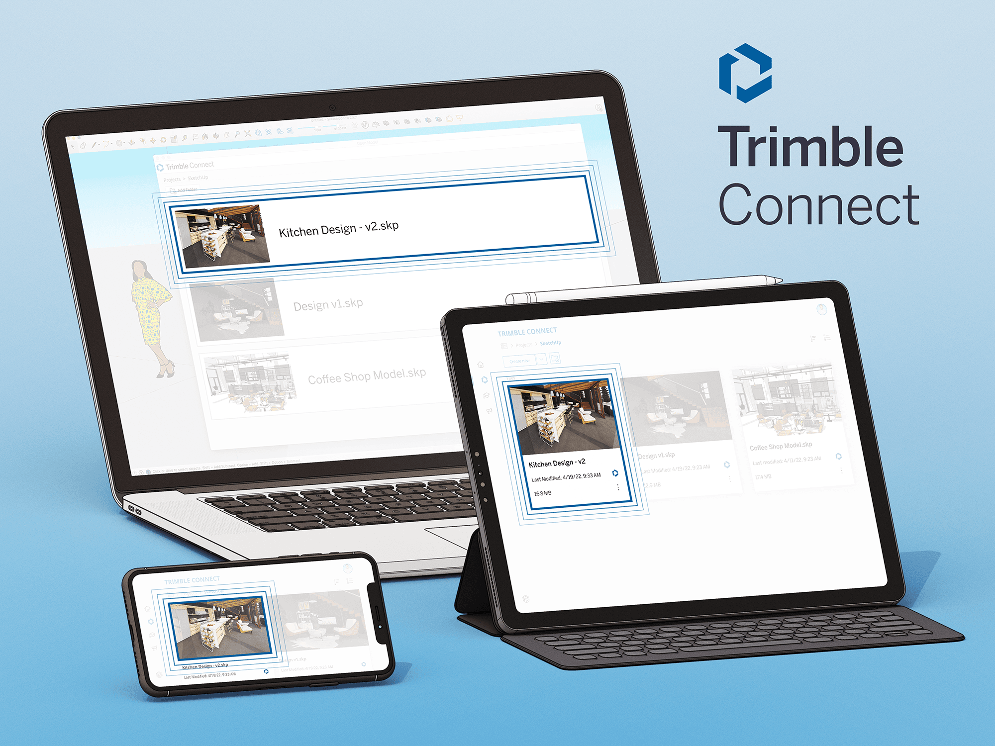 Trimble Connect displayed on a laptop, tablet, and smartphone showing architectural designs.