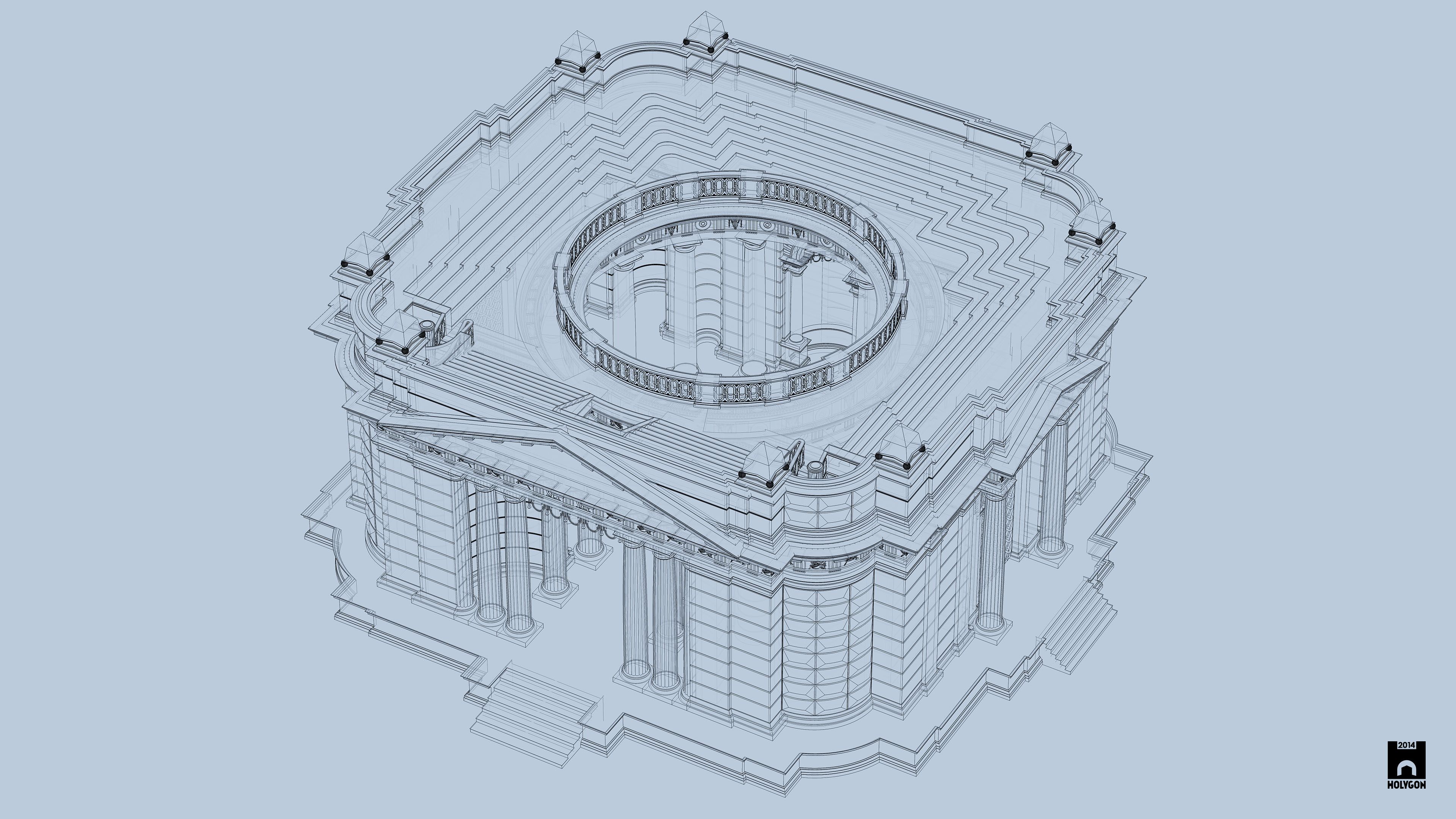 Wireframe architectural rendering of a multi-level circular building with columns and tiered seating.